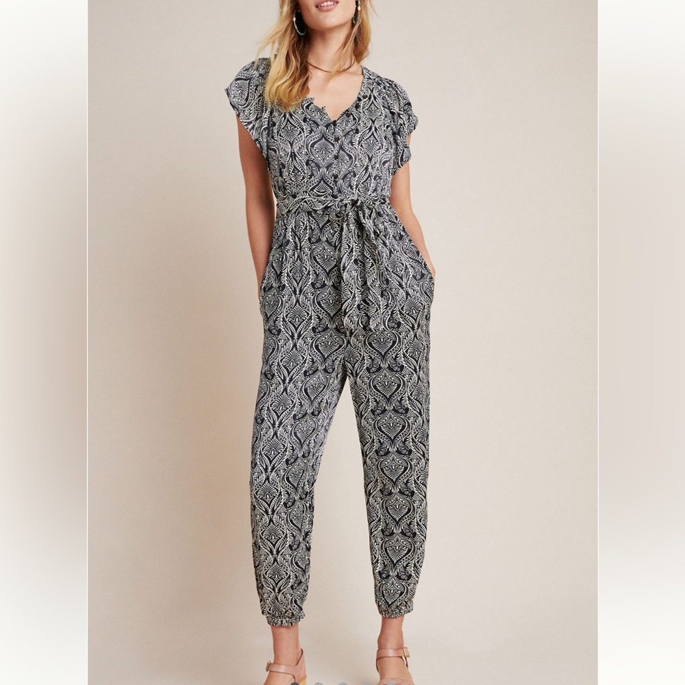 Anthropologie Zadie Satin Black and White Patterned Jumpsuit